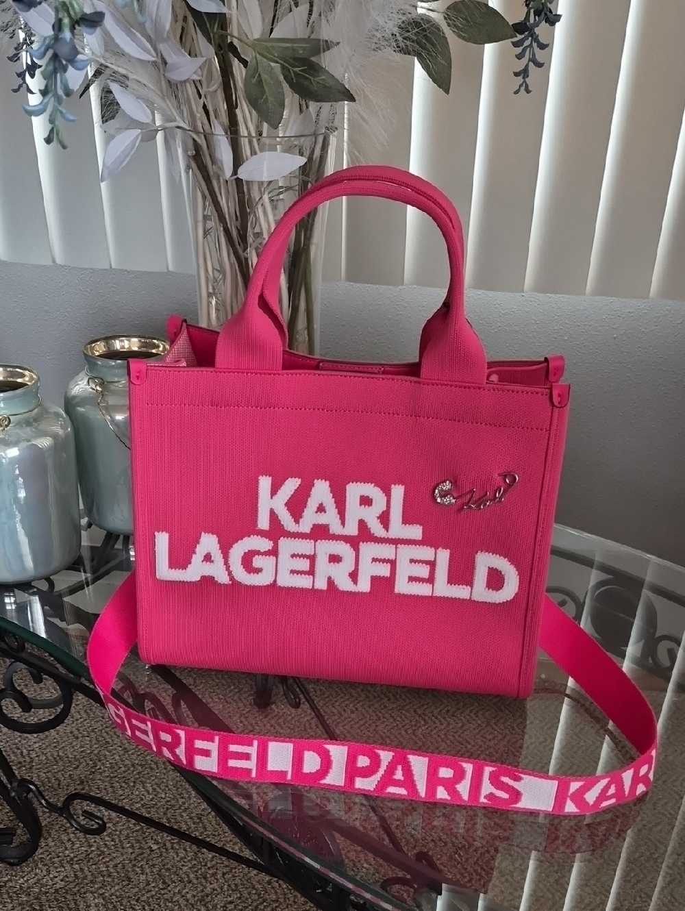 Karl Lagerfeld Hot Pink Canvas Logo Tote with Strap